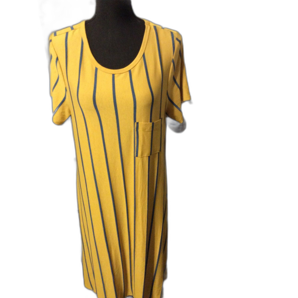 New NWT LuLaRoe Asymmetrical Large Dress Striped Midi Golden Blue Stretch Carly